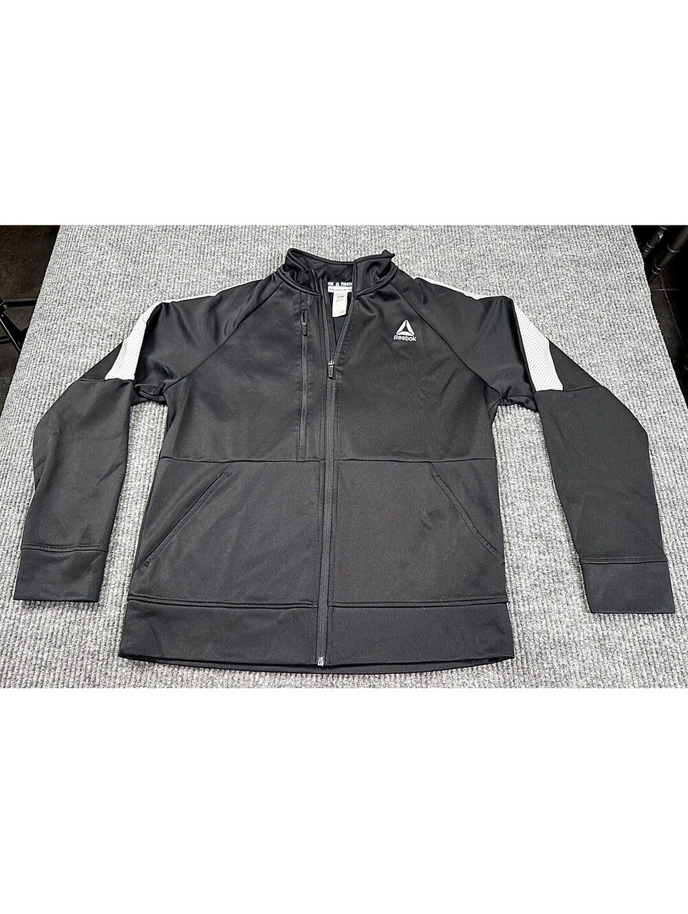 Reebok Track Jacket Mens M Black Full Zip Mesh Stripe Polyester Athletic